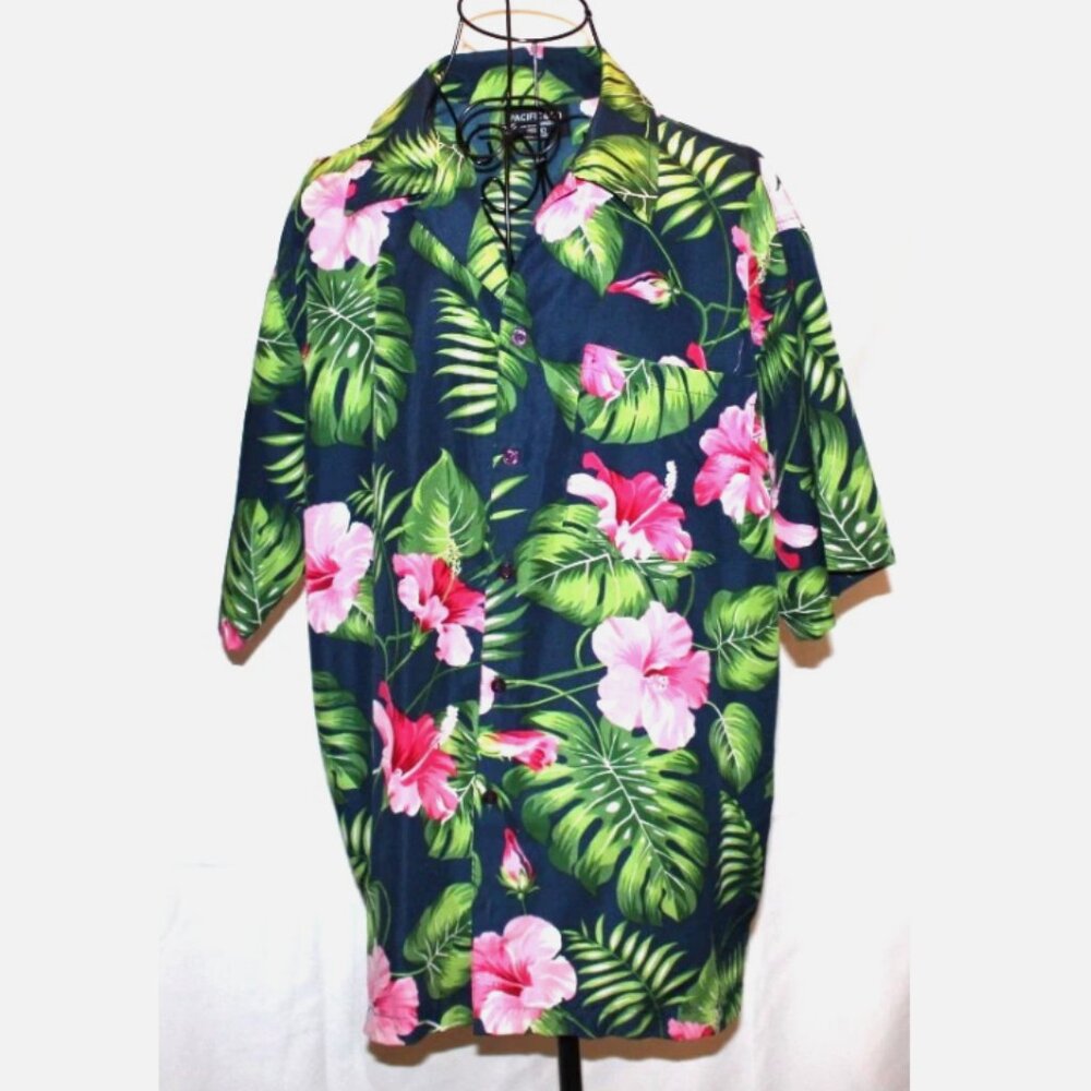 Pacific & Co. Men’s S/M Blue Tropical Hawaiian Aloha Shirt Hibiscus & Monstera